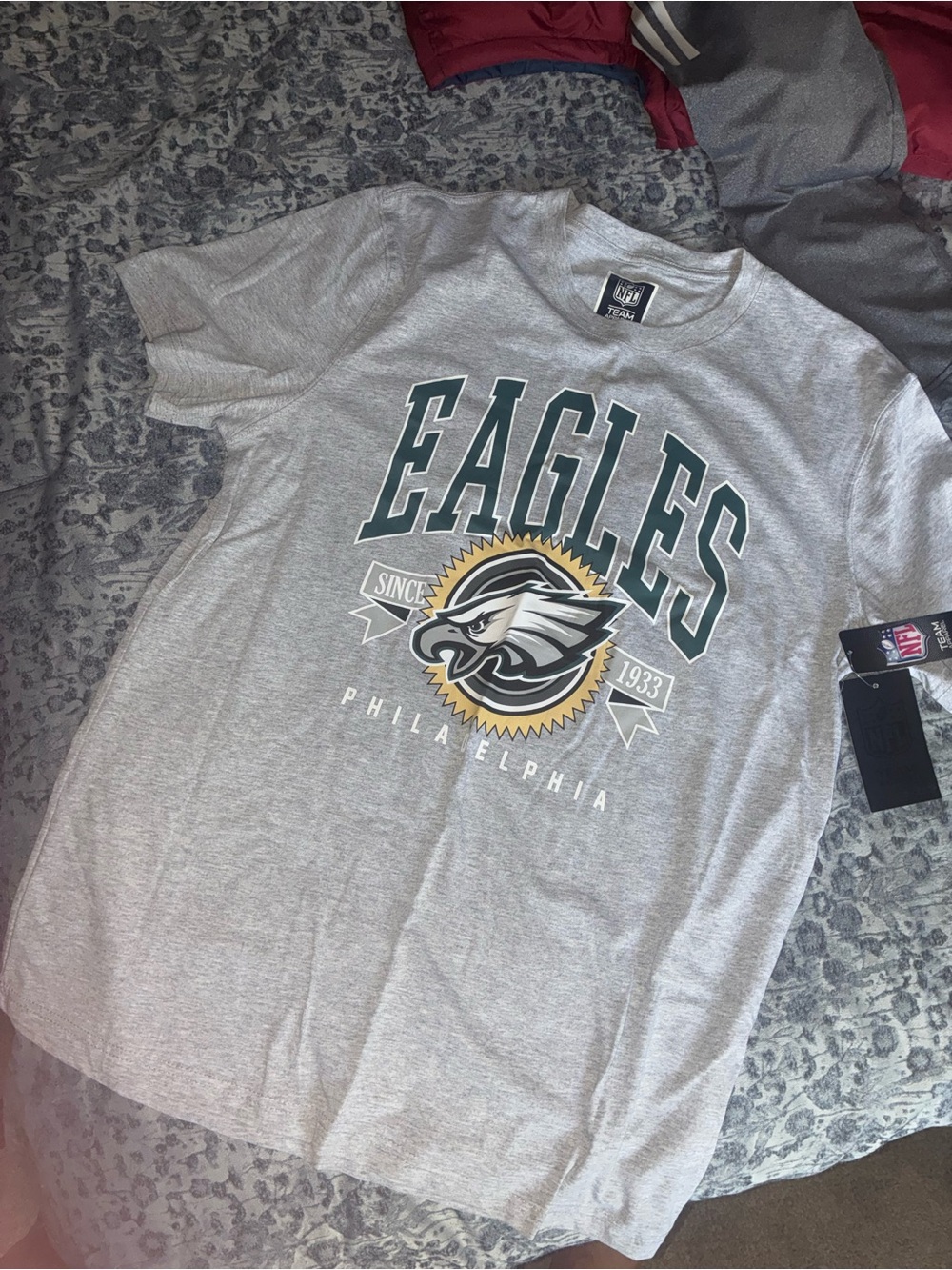 NFL Philadelphia Eagles Heather Gray Logo Tee with Green and Gold Accents